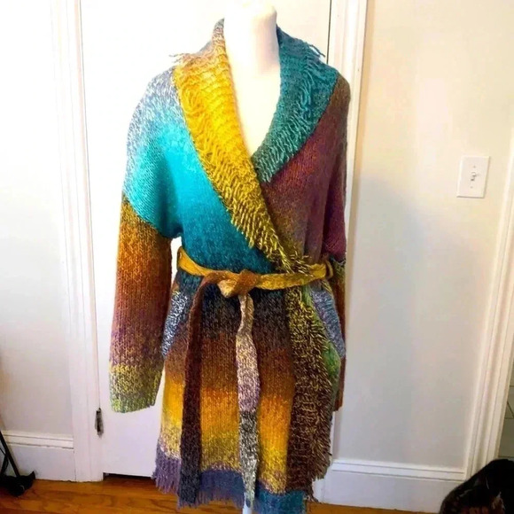 Greylin long sweater with open side pockets and tie at waist. - Picture 1 of 8